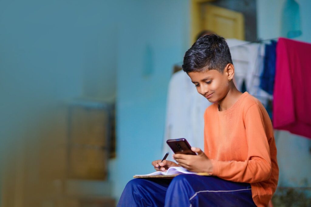 Child using a tablet with balanced screen time